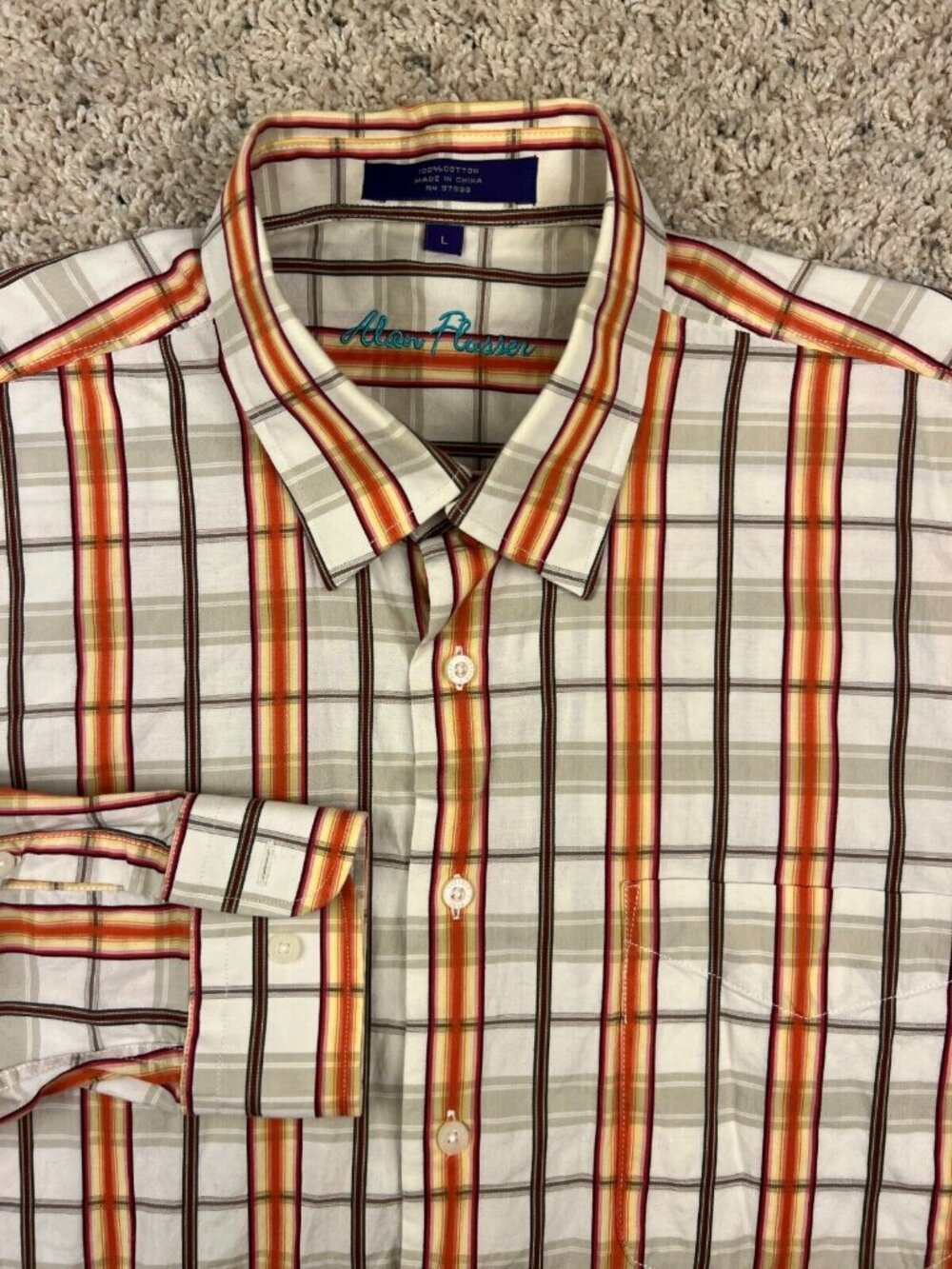 ALAN FLUSSER Plaid Button Up Shirt Mens Large L Long Sleeve Orange Ivory